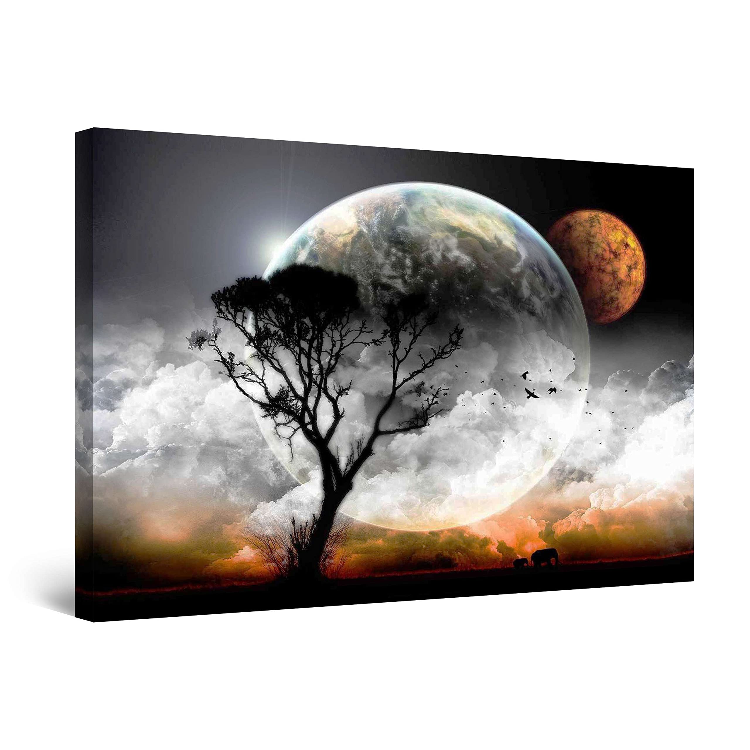 Startonight Canvas Wall Art Decor - The Moon behind a Tree - Stretched Print, Modern for Bedroom or Living Room, Office Unique Luminous Artwork 60 cm x 90 cm