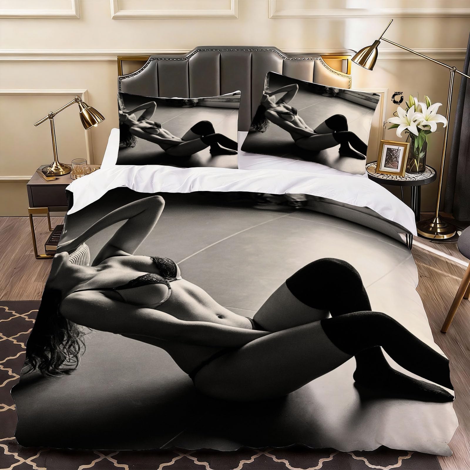 3D Sexy Beauty Duvet Cover Romantic Bedding Double Bed Set, Soft Microfiber Comforter Cover Printed with Zipper Closure Quilt Coverr 200x200 cm and 2 Pillowcases