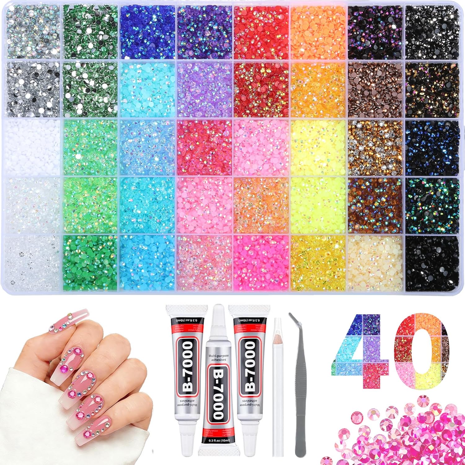 4mm Resin Rhinestones 40000Pcs, Bedazzling Kit with B7000 Glue, Tweezers & Pickup Pen, 40 Vibrant Colors for Nail Art, DIY Crafts, Clothes, Shoes, Graduation Cap, Jewelry, Art Painting & Decorations