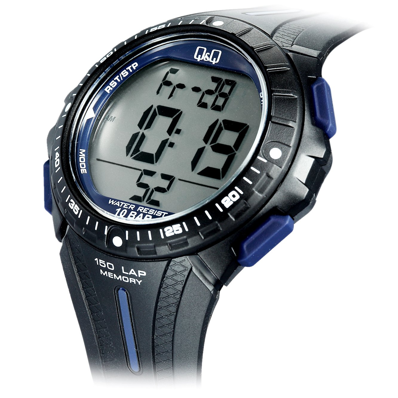 Angled view of Q&Q Digital Watch showing side buttons