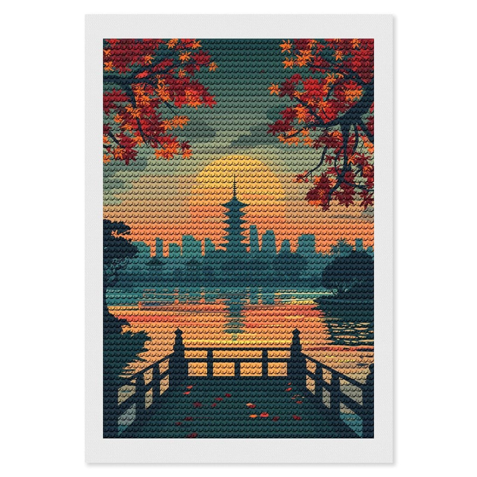 Junmoney Japanese Pagoda Sunset Landscape Illustration Round Drill Diamond Painting 8"x12", for Adults, Creative Leisure Activity, Office Decor, Holiday Gift Idea