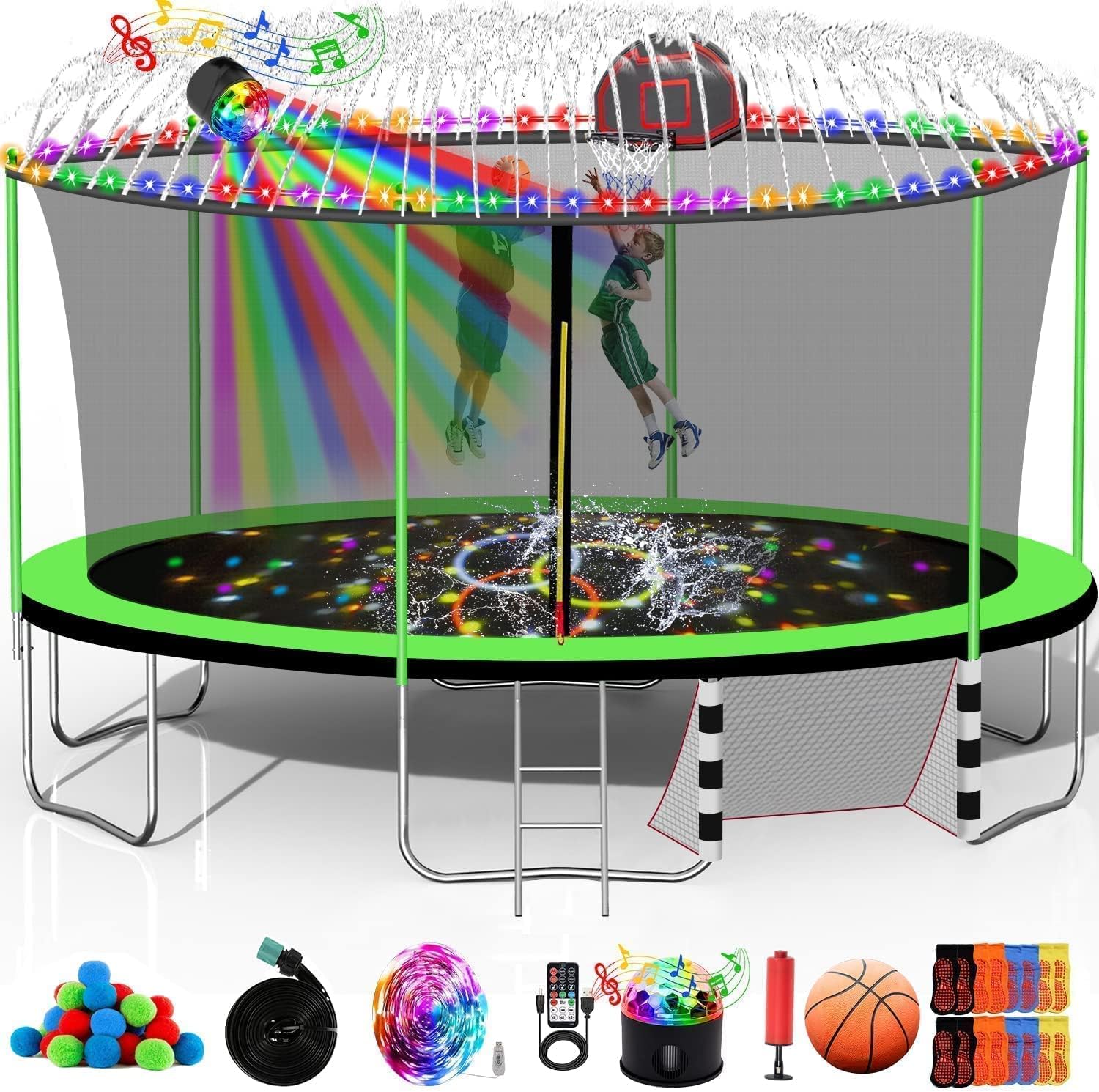 Goujxcy 1500 LBS 14 FT 16 FT Trampoline for Adults 7-10 Kids, Heavy Duty Outdoor Trampoline with Basketball Hoop, Sprinkler, Water Balls, Lights with Speaker, Enclosure Net, Sock - ASTM CPC CPSIA