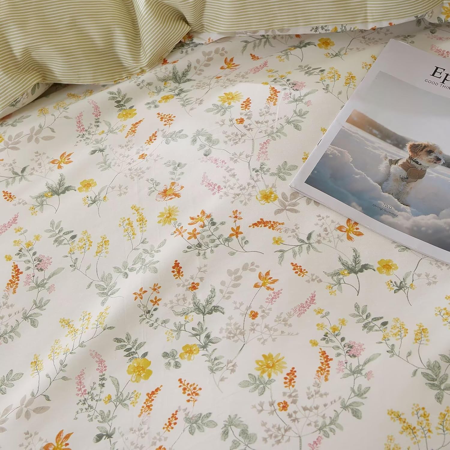 Green Floral Duvet Cover Set Twin Size 68"×86",100 Cotton Duvet Cover with 2 Pillowcases,Rustic Ruffled Zipper Bedding Set for Kids Teen Girls,Breathable Soft Comforter Covers 68"×86"