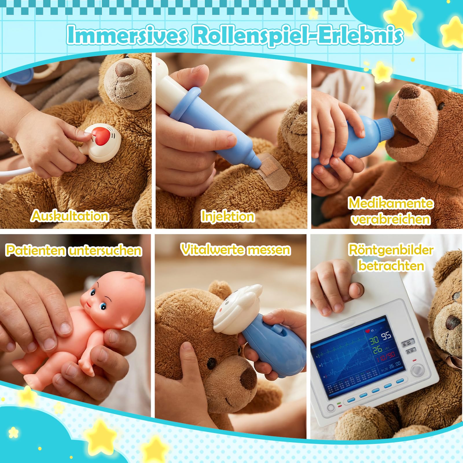 DREAMADE Doktor Spielset Holz, Krankenhaus Spielzeug für Kinder | Arztkoffer Arzt Rollenspielzeug mit Untersuchungszimmer & Waschbecken, Medizinisches Zentrum mit Check-in & Wartebereich
