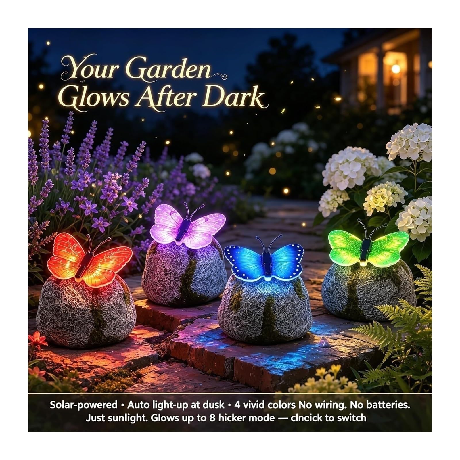 sloiaz Illuminated Butterfly Stone Garden Light, Waterproof Outdoor Solar Butterfly Decor, Unique Yard Art Figurines, Glowing Lawn Ornaments(Red)