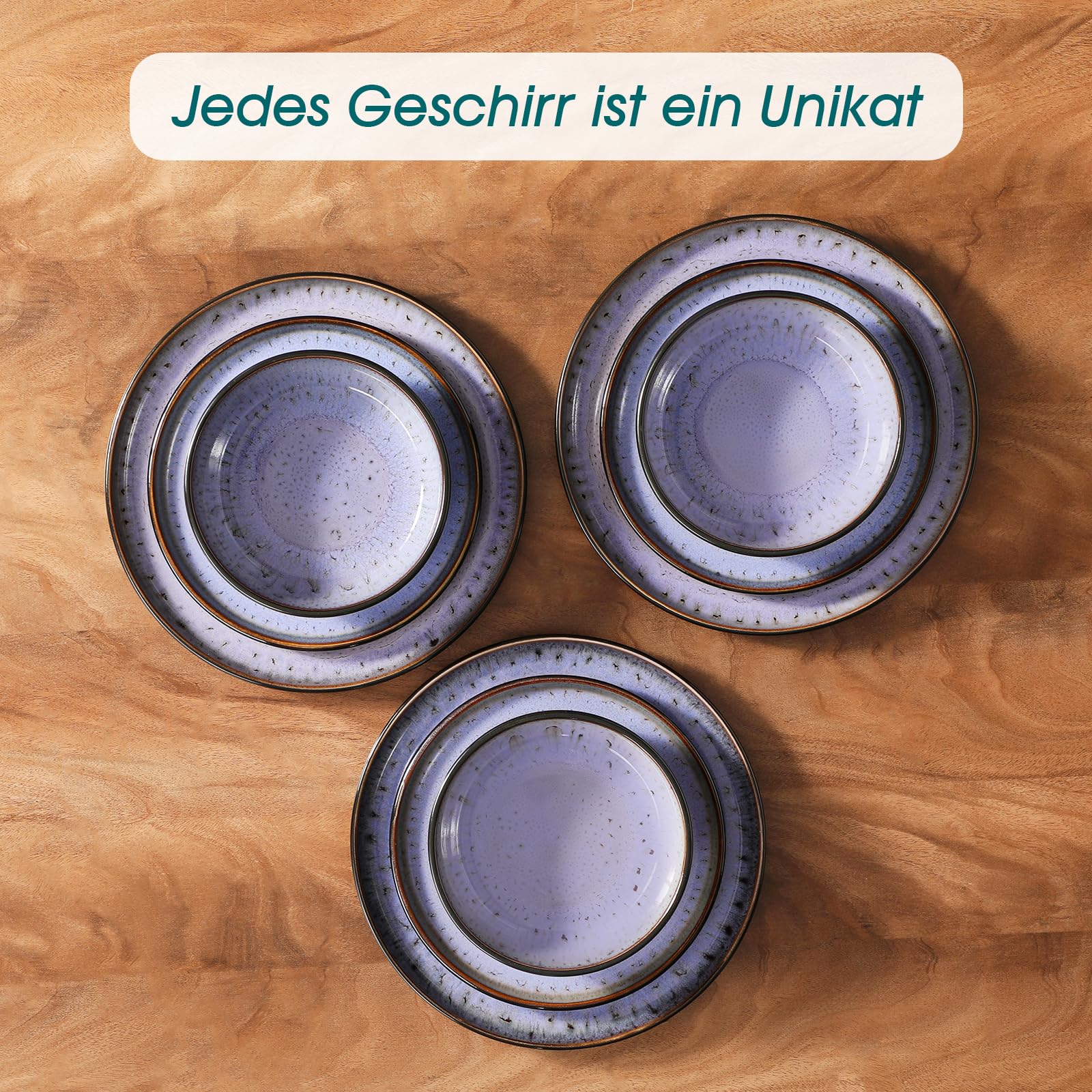 Vancasso AMBER Steingut Geschirrset 6 Personen 18tlg, Tafelservice mit Speiseteller, Dessertteller, Schüssel, Reaktive Glasur, Spülmaschinenfest, Abendviolett