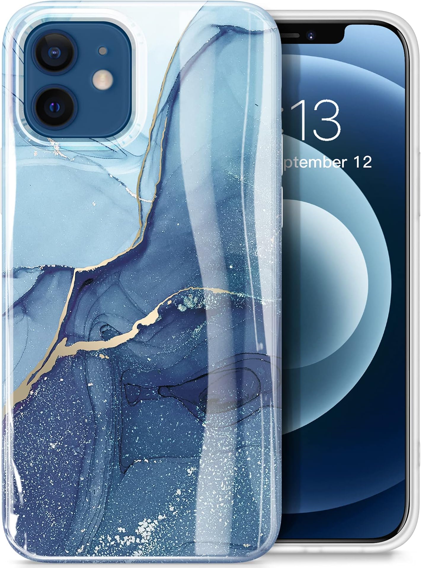 GVIEWIN for iPhone 12 Case and12 Pro Case 6.1 Inch 2020, Marble Parttern Ultra Slim Thin Glossy Soft Durable TPU Shockproof Scratch-Proof Phone Protective Covers for Women (Navy Blue)