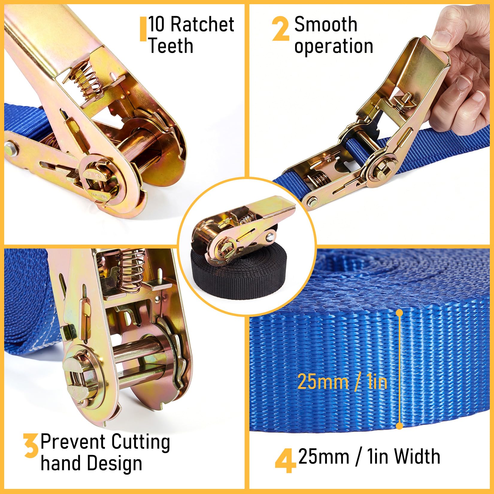 GarveeTech Spanngurt Befestigungsgurt, 10 Stück Ratschen-Zurrgurte 25 mm × 6,1 m, 771 kg Tragkraft, Verstellbare Befestigungsriemen Mit Klemmschloss Für Transport, Fracht, Gepäck, Camping