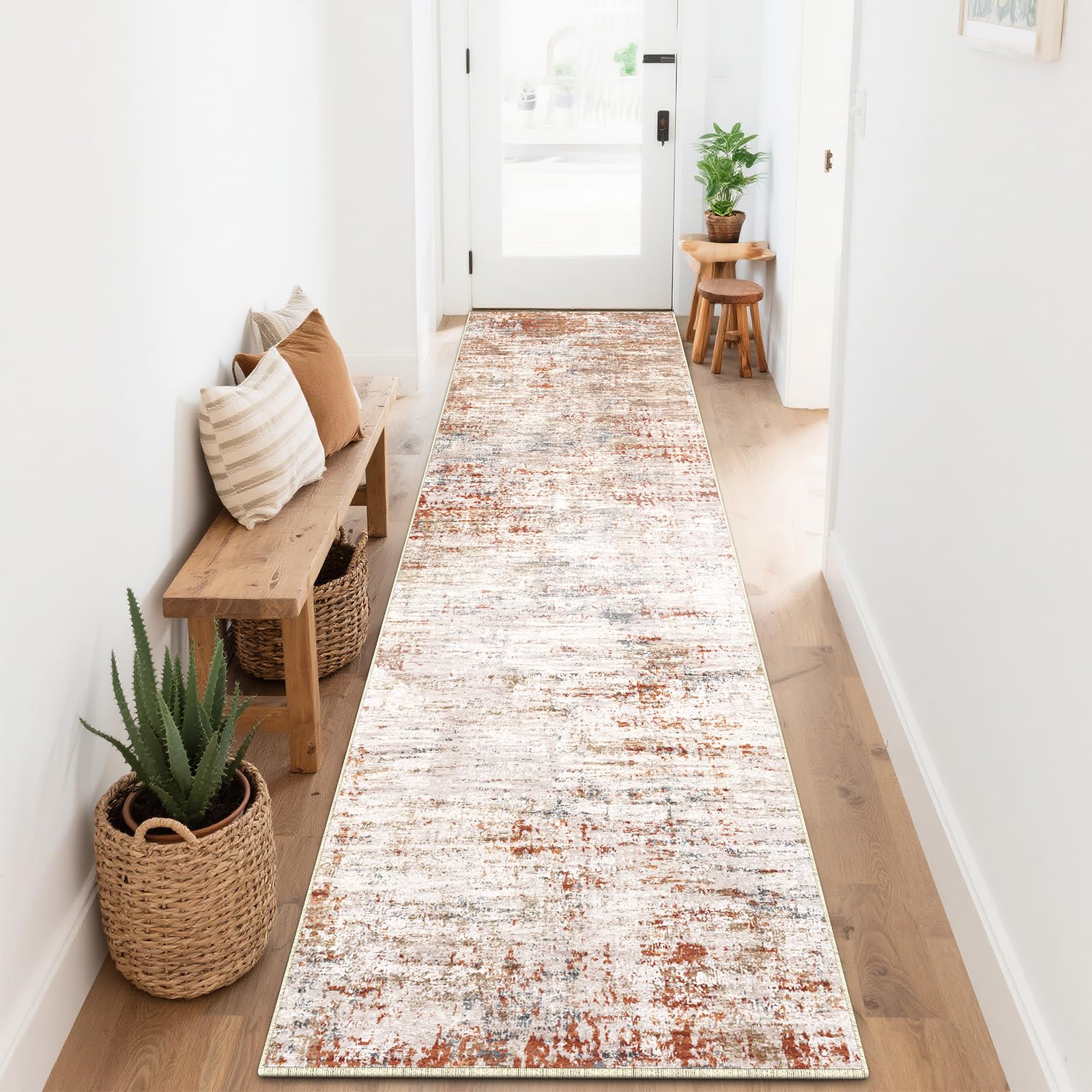SOANNY Runner Rug, 80x300 cm Abstract Low Pile Carpet, Non-Slip Washable Area Mat for Bedroom, Hallway, Kitchen, Laundry, Entryway, Utility, Beside Sofa, Office, Rust Red