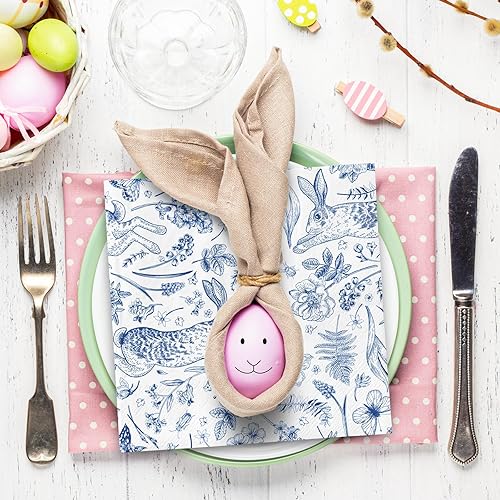 Miniatura 4 de Paquete de 80 servilletas de papel de Pascua de color azul y blanco retro, conejo, flor de conejo, servilletas de almuerzo desechables retro postre