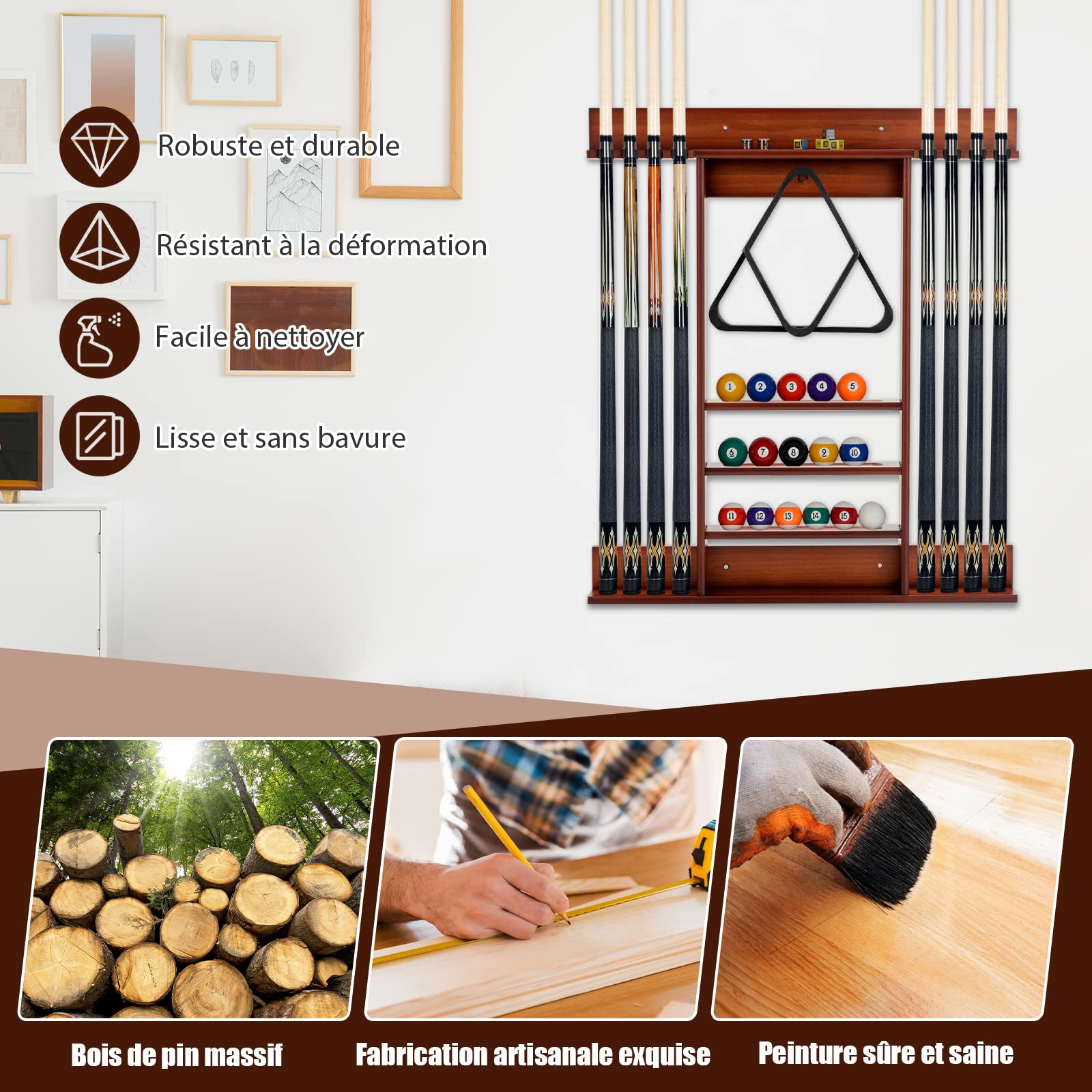 GOPLUS Support pour Queues de Billard en Bois de Pin, Porte-queue 8 Queues, Support Mural, Brun