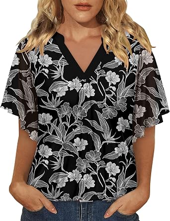onlypuff Womens Double Layered Tunic Tops Half Sleeve Floral Double Layered Sheer Flowy Blouse Round/V Neck Casual Shirts
