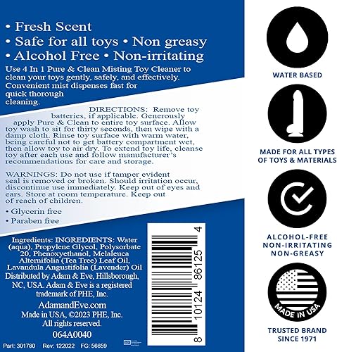 Miniatura 20 de Adam and Eve 4 en 1 Pure and Clean Misting - Limpiador de juguetes sexuales para adultos, spray transparente de acción rápida con aroma fresco