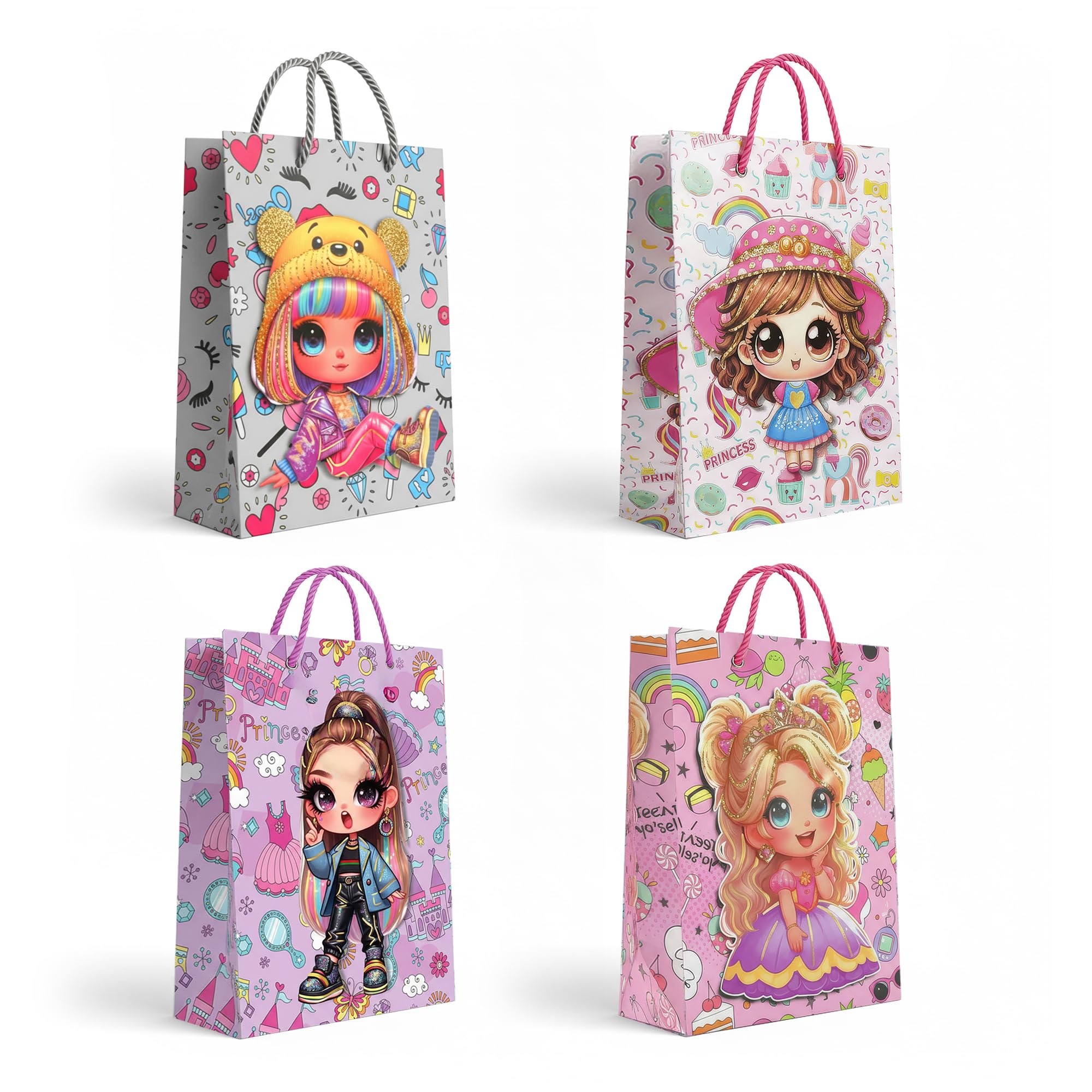 12Pcs Medium Gift Bags with Handles 26x32x10cm – 4 Assorted Designs Paper Bags for Kids Adults Ideal for Presents Parties Birthdays Weddings Baby Showers.