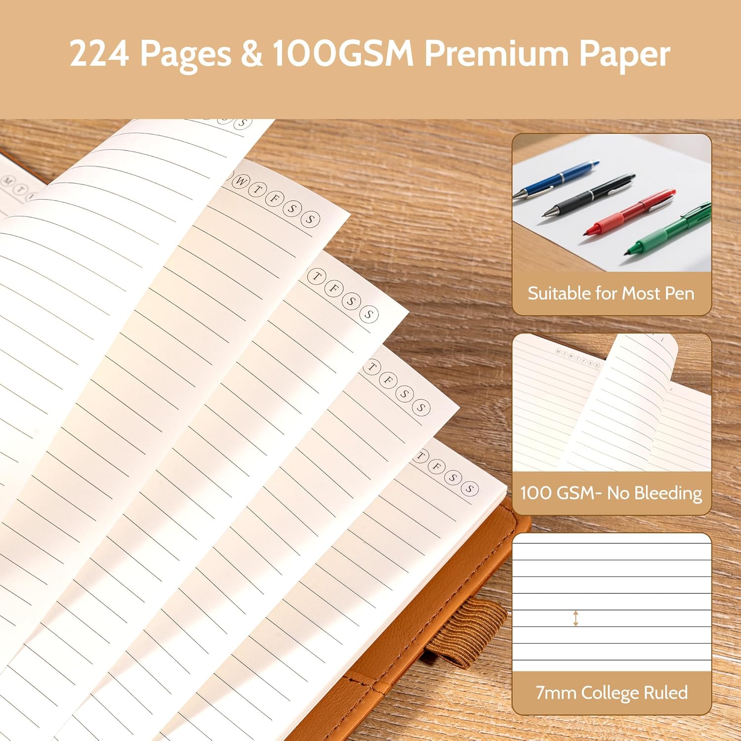 Yoment Refillable Notebooks for Work Discbound: Hardcover Notebook with 5 Subject Removable Dividers Tabs Colleged Ruled Small Journal for Writing Women Men 224 Pages,Brown