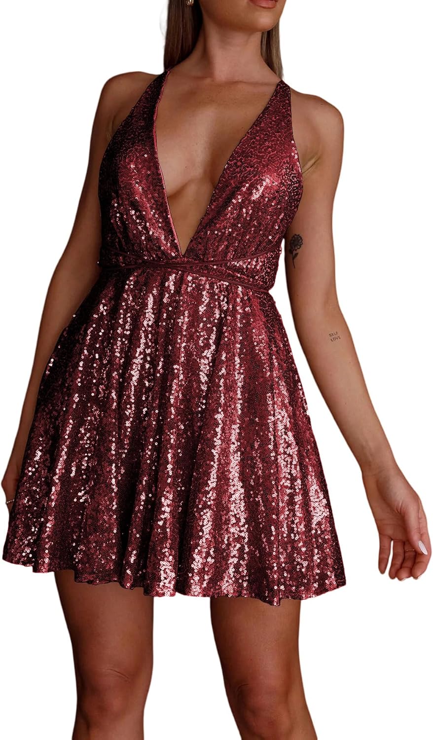 R.Vivimos Women's Sequin Dress Spaghetti Strap Sexy Deep V Neck Backless Glitter Club Party Skater Swing Mini Dress - Image 3