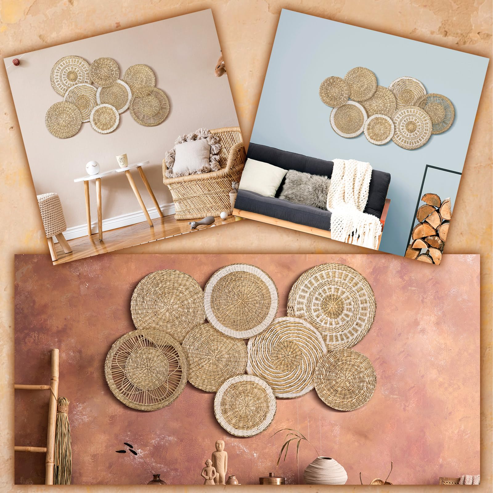 Xuhal Juego de 8 cestas de pared tejidas para colgar, hechas a mano, rústicas, bohemias, hechas a mano, cesta redonda de mimbre para el hogar, cocina, granja, mesa, sala de estar