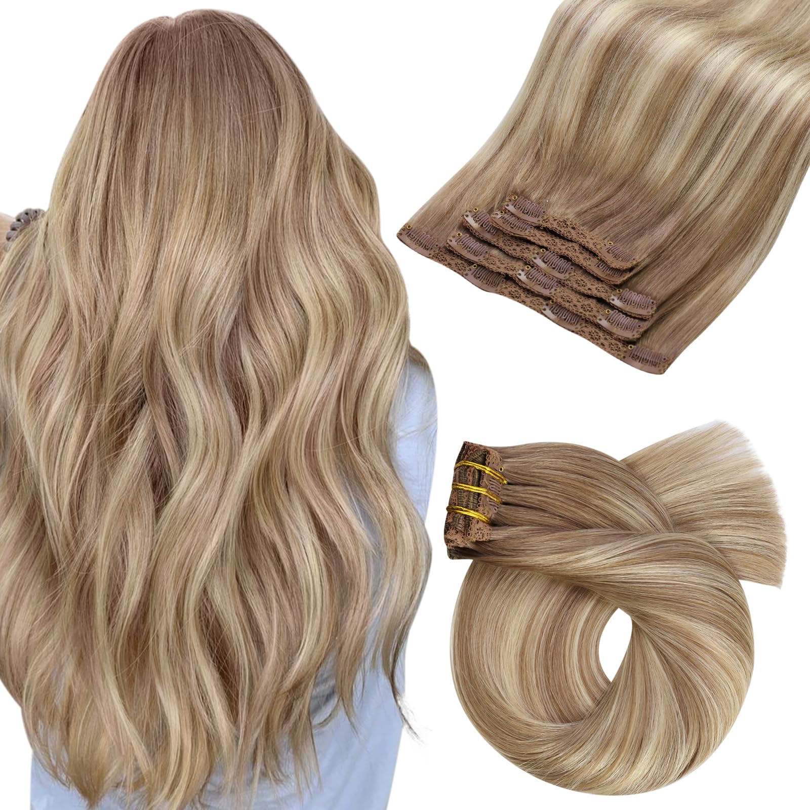 Moresoo Clip in Hair Extensions Real Human Hair 18 Inch Balayage Light Brown and Medium Blonde Clip in Human Hair Extensions Remy Straight Lightweight All Day Use 5pcs/80G #8/22/8