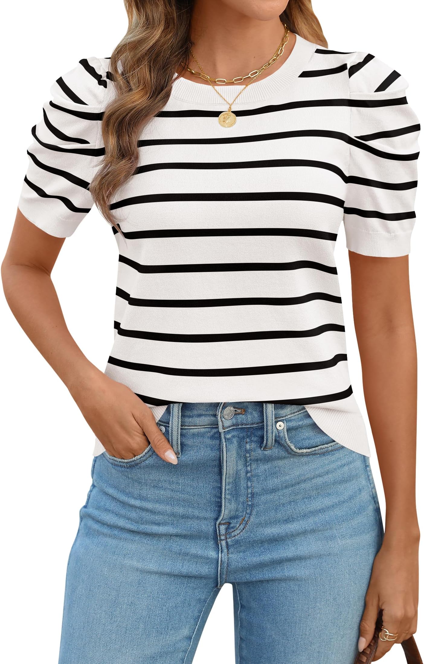 HAEOFWomen's 2024 Short Puff Sleeve Knit Tops Trendy Crewneck Striped T Shirts Dressy Casual Blouses