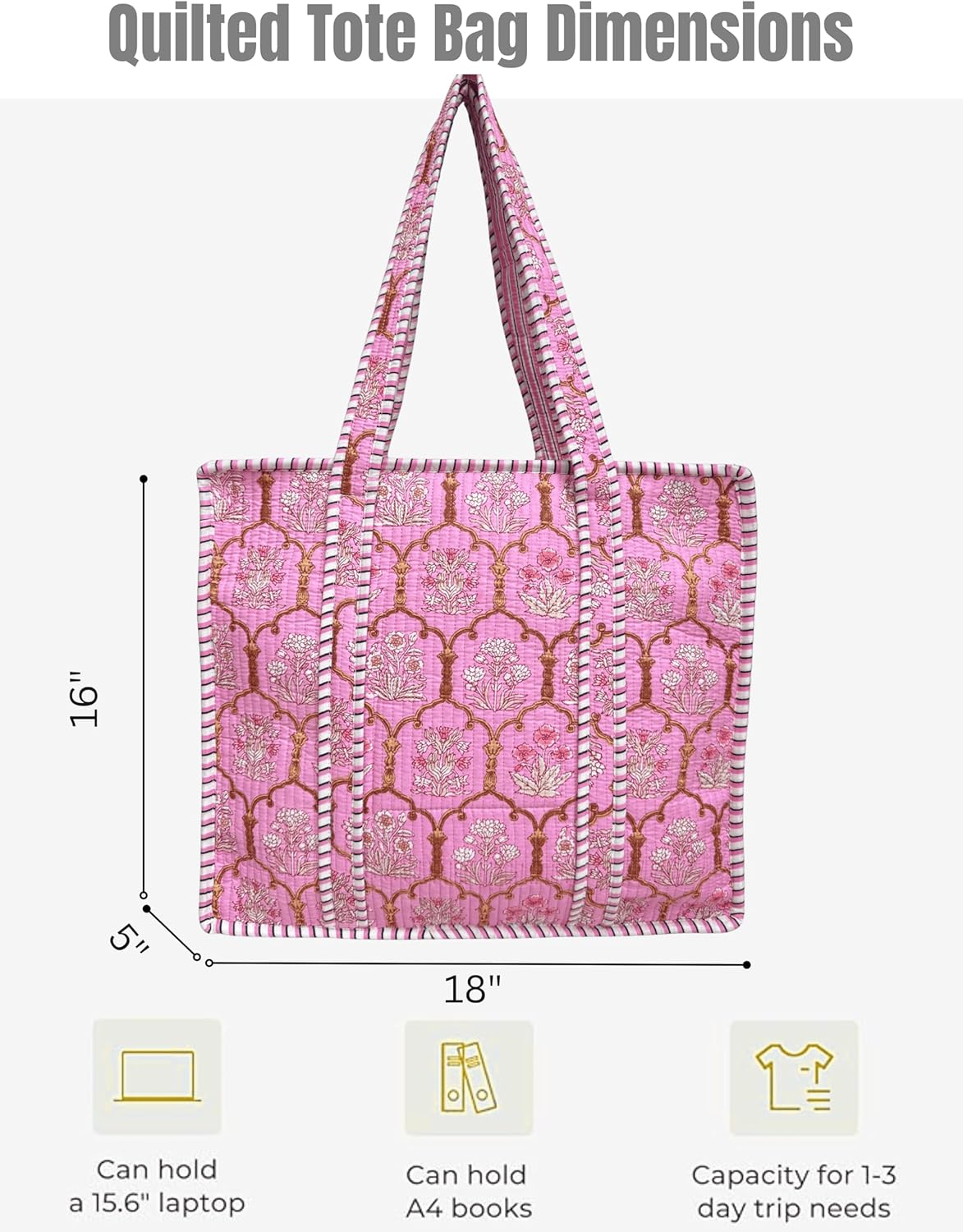 100% Cotton Quilted Tote Bag 18x16– Large Zipper Beach Bag & Travel Bag Green Purse Reusable Grocery Bags - Image 5