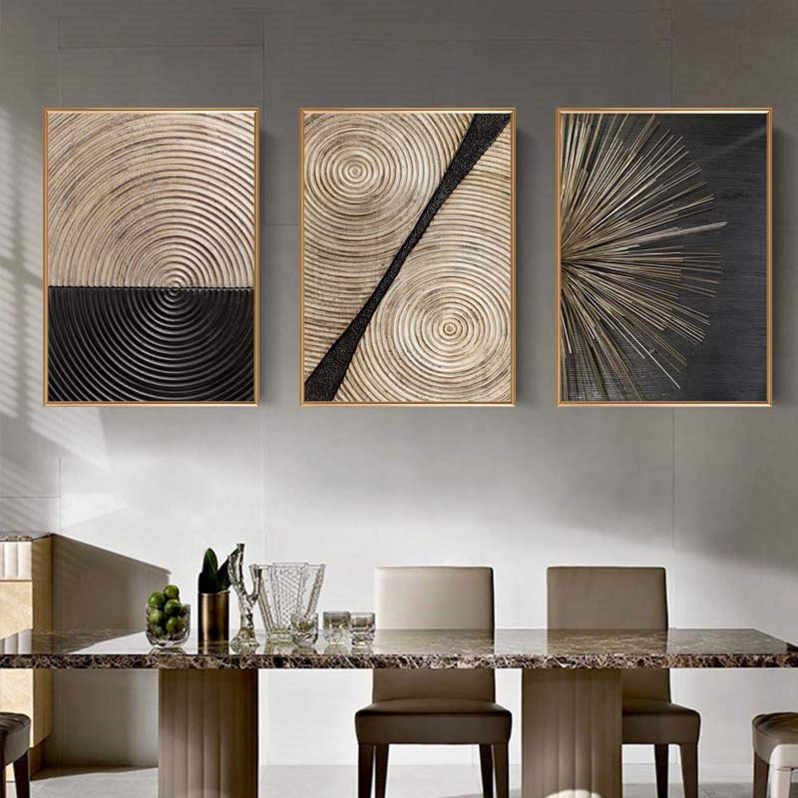 Peinture moderne luxe de triptyque abstrait noir ligne dorée texture affiche haut de gamme - 8