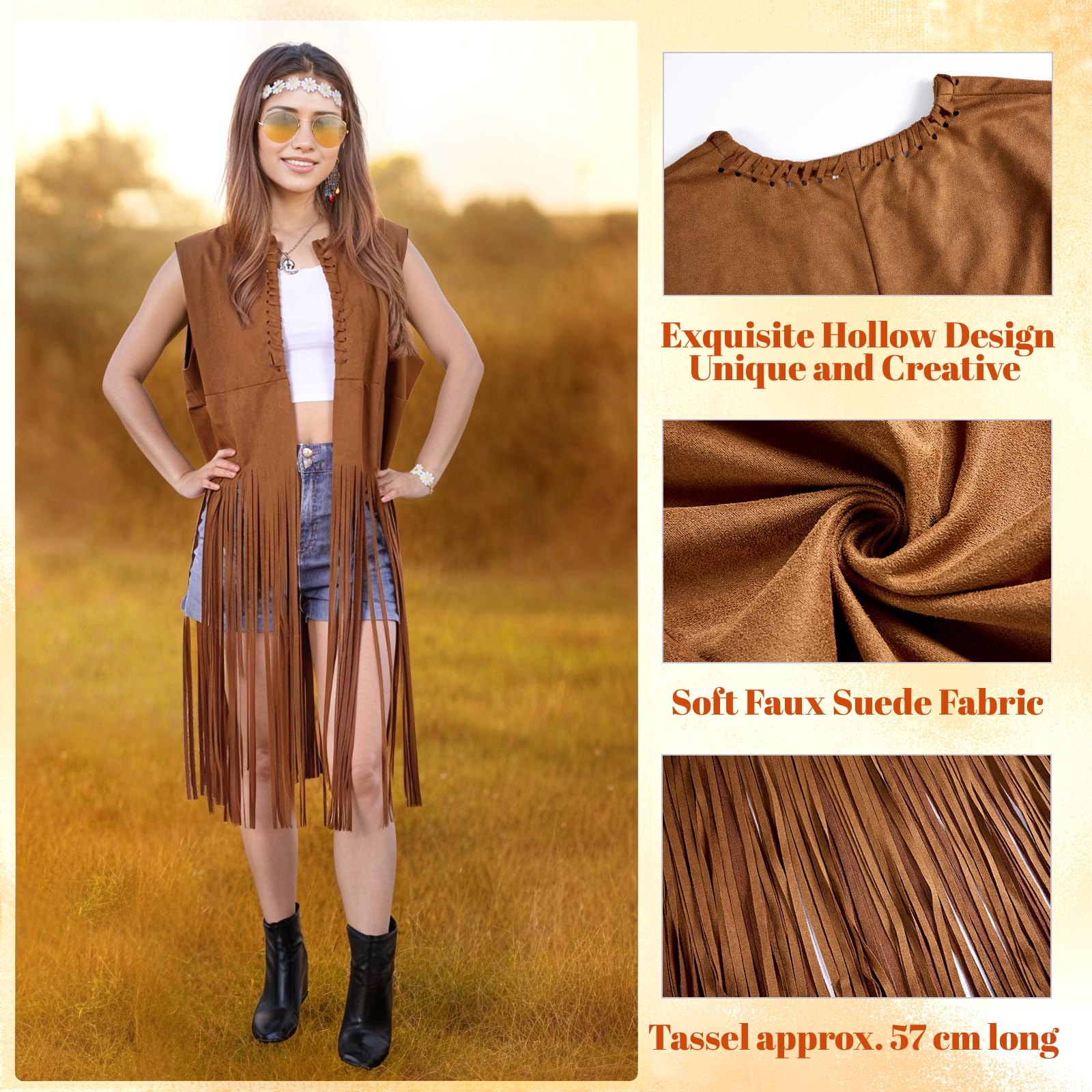 60er 70er Hippie Kostüm Damen Set mit Hippie-Fransenweste und Accessoires,Hippie Kleidung,70er jahre outfit damen, karnevalskostüm Faschingskostüme