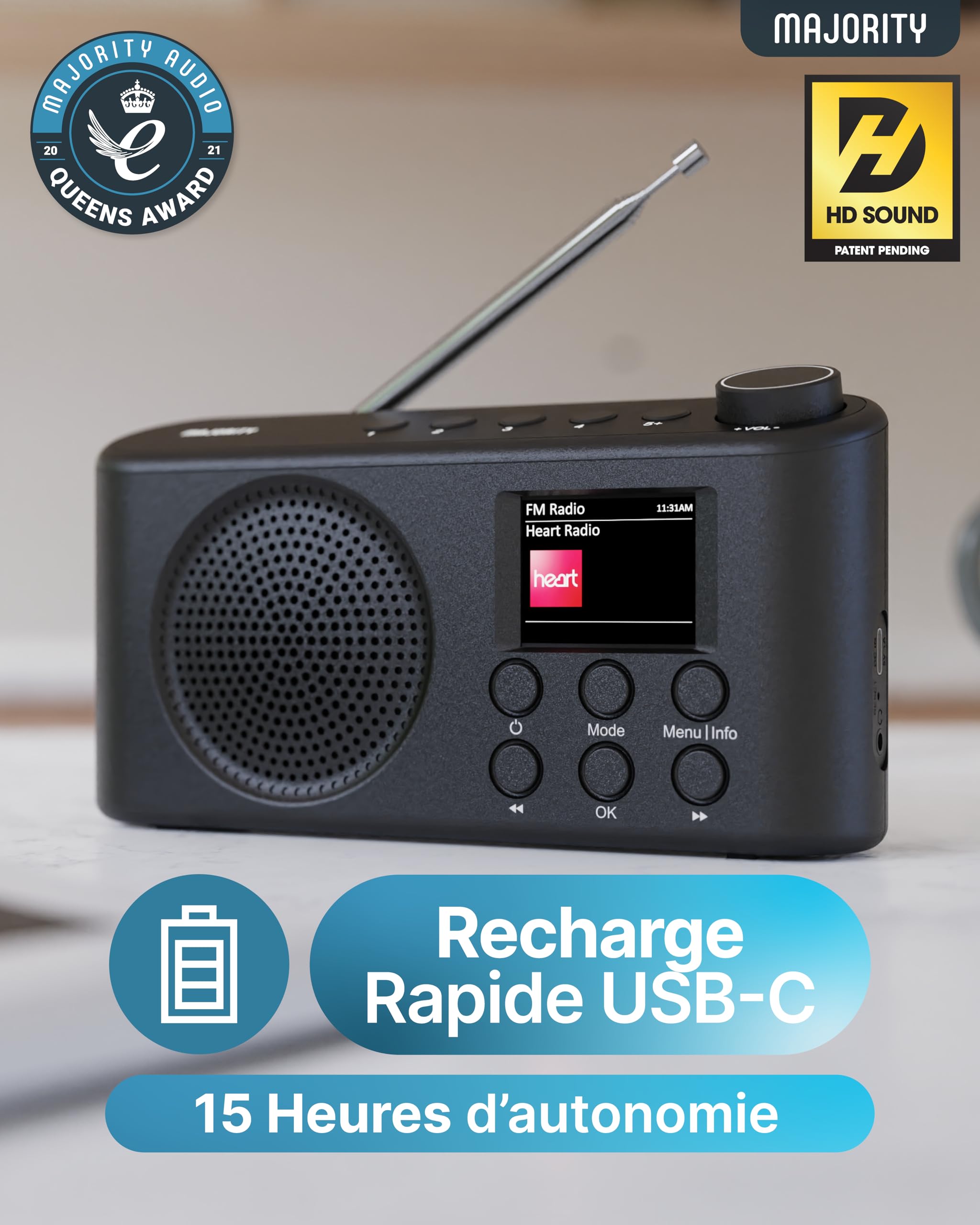 MAJORITY Orwell Pro Radio Dab/Dab+ Portable avec Bluetooth, FM, 40 Présélections, 15h Autonomie, Batterie Rechargeable USB-C, Minuterie Sommeil, Égaliseur, Radio Dab Portable