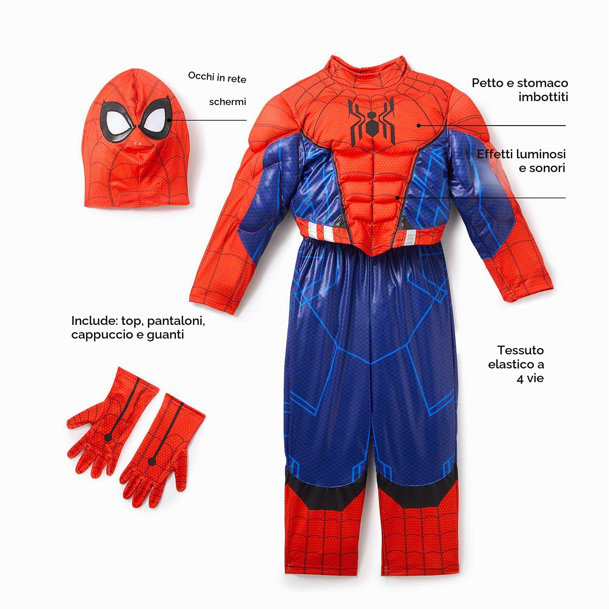 Disney Store Costume Ufficiale Spider-Man per Bimbi, Costume da Supereroe Marvel con Imbottitura Muscolare, Maschera, Guanti, Effetti sonori e Funzione Ragnatela Luminosa