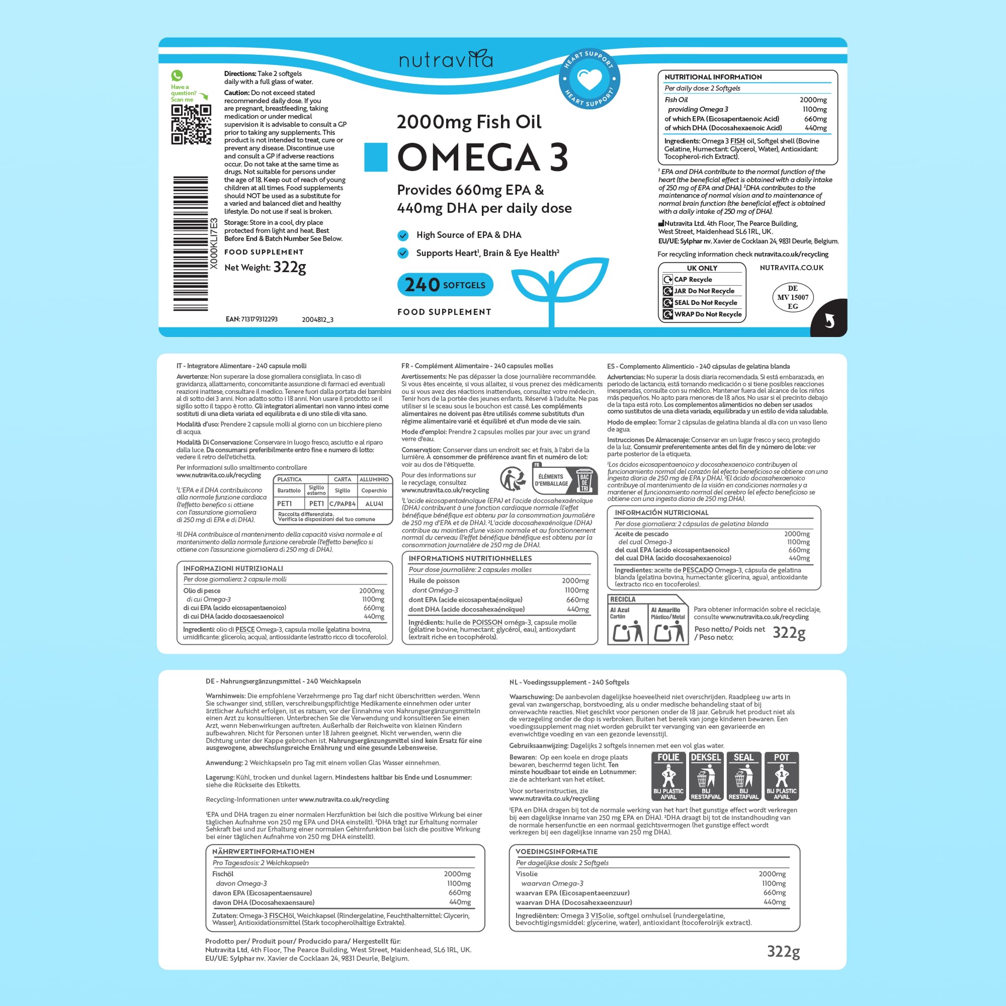 Nutravita Omega 3 2000mg - con 660mg EPA y 440mg DHA - 240 Cápsulas Blandas (8 Meses) - para Corazòn, Función Cerebral & Visiòn (EFSA) Omega 3 Capsulas - Omega3 Suplementos para Hombres & Mujeres