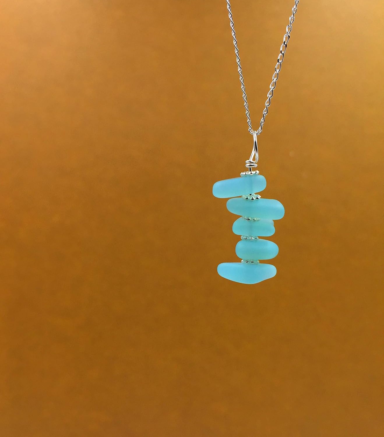 Beautiful Recycled Sea Glass Pebble Stacked Pendant Necklace on 18 Inch Sterling Silver Chain - Image 3