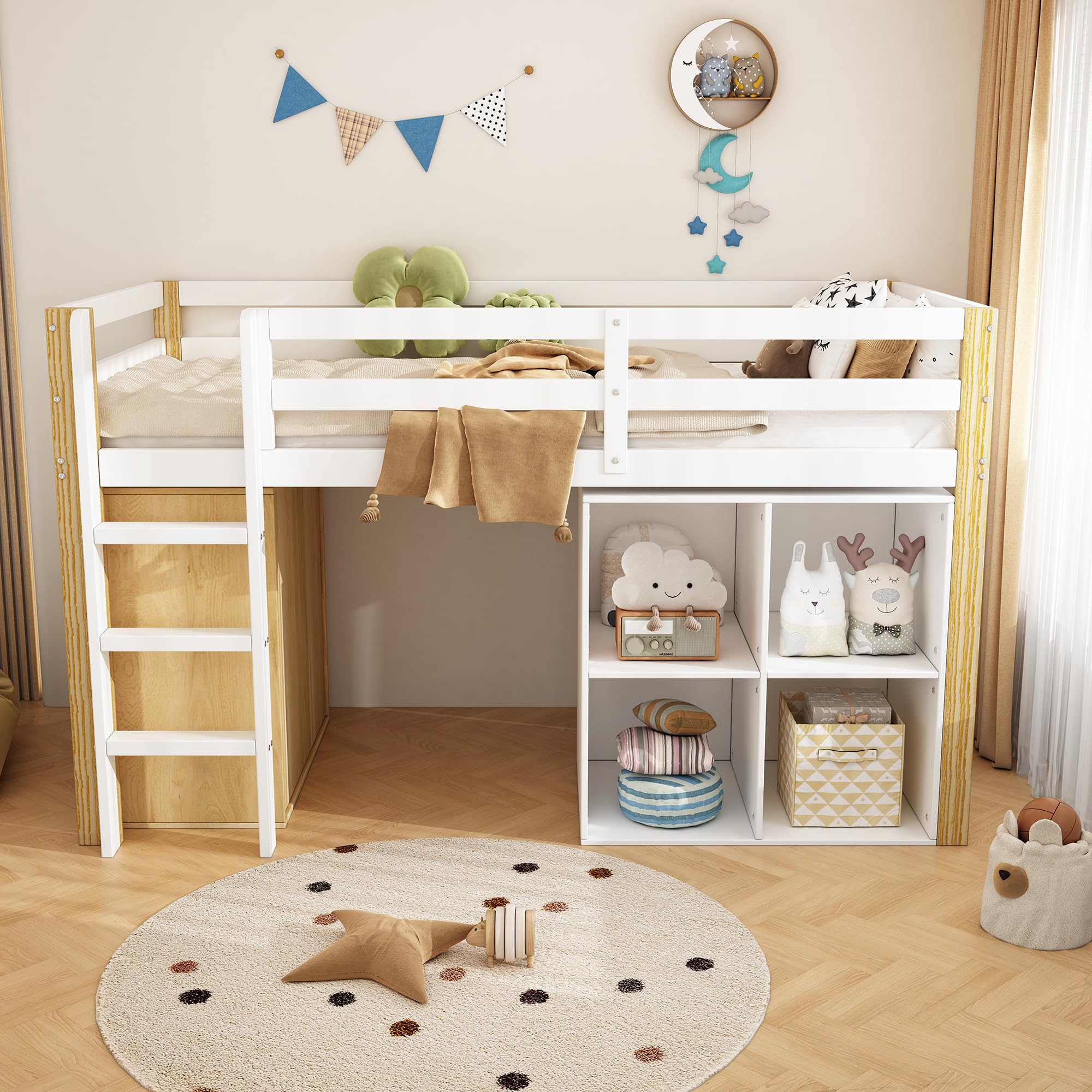 Kinderbett Hochbett 90x200, mit 2 Aufbewahrungsschrank und Leiter, Platzsparendes Kinder Etagenbett Jugendbett Holzbett Bettrahmen mit Rausfallschutz und Lattenrost, stabiles Massivholz, Natur&Weiß