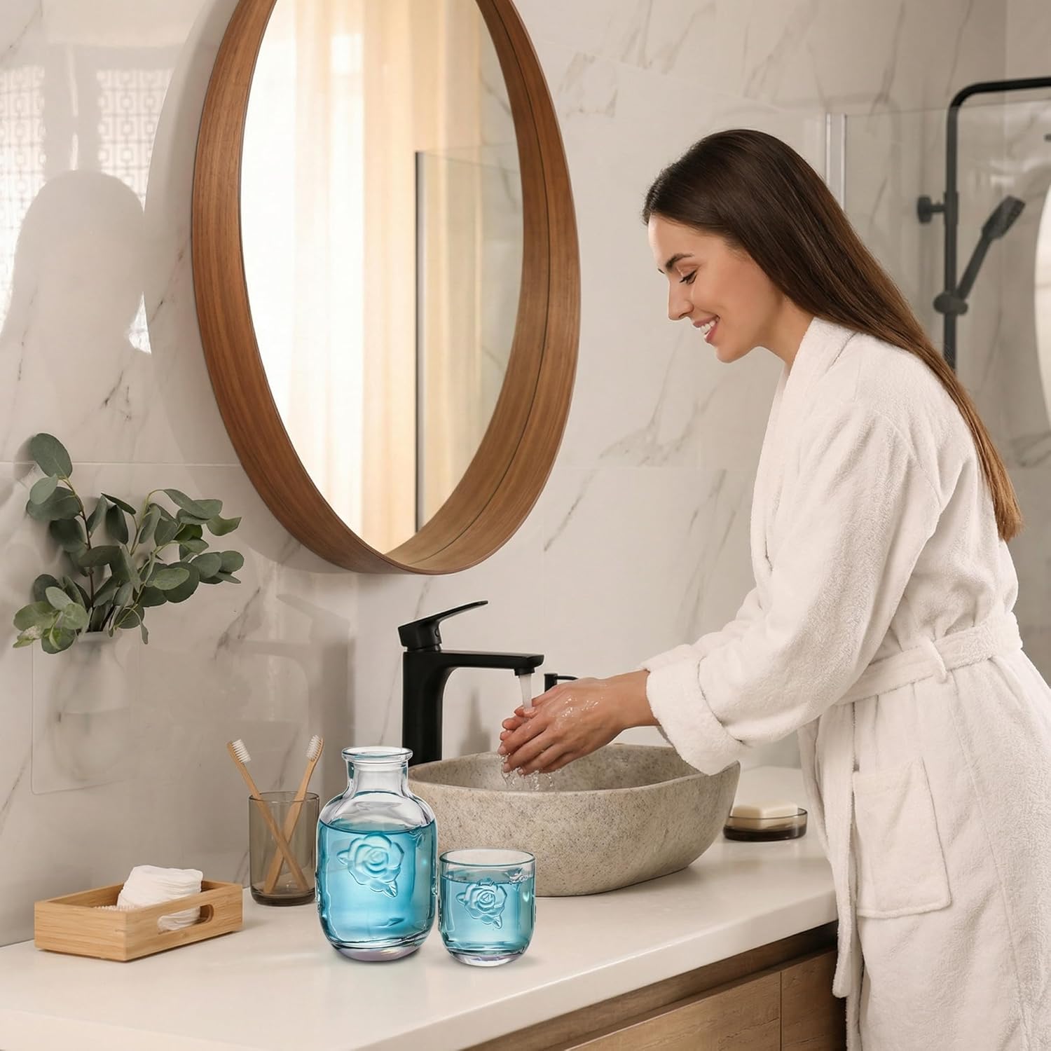 Goaste 2 Sets Bedside Water Carafe with Tumbler, 16oz Vintage Nightstand Glass Pitcher with 5oz Cups, Clear Mouthwash Decanter with Embossed Rose Design for Bathroom, Bedroom, Bar, Kitchen - Image 8