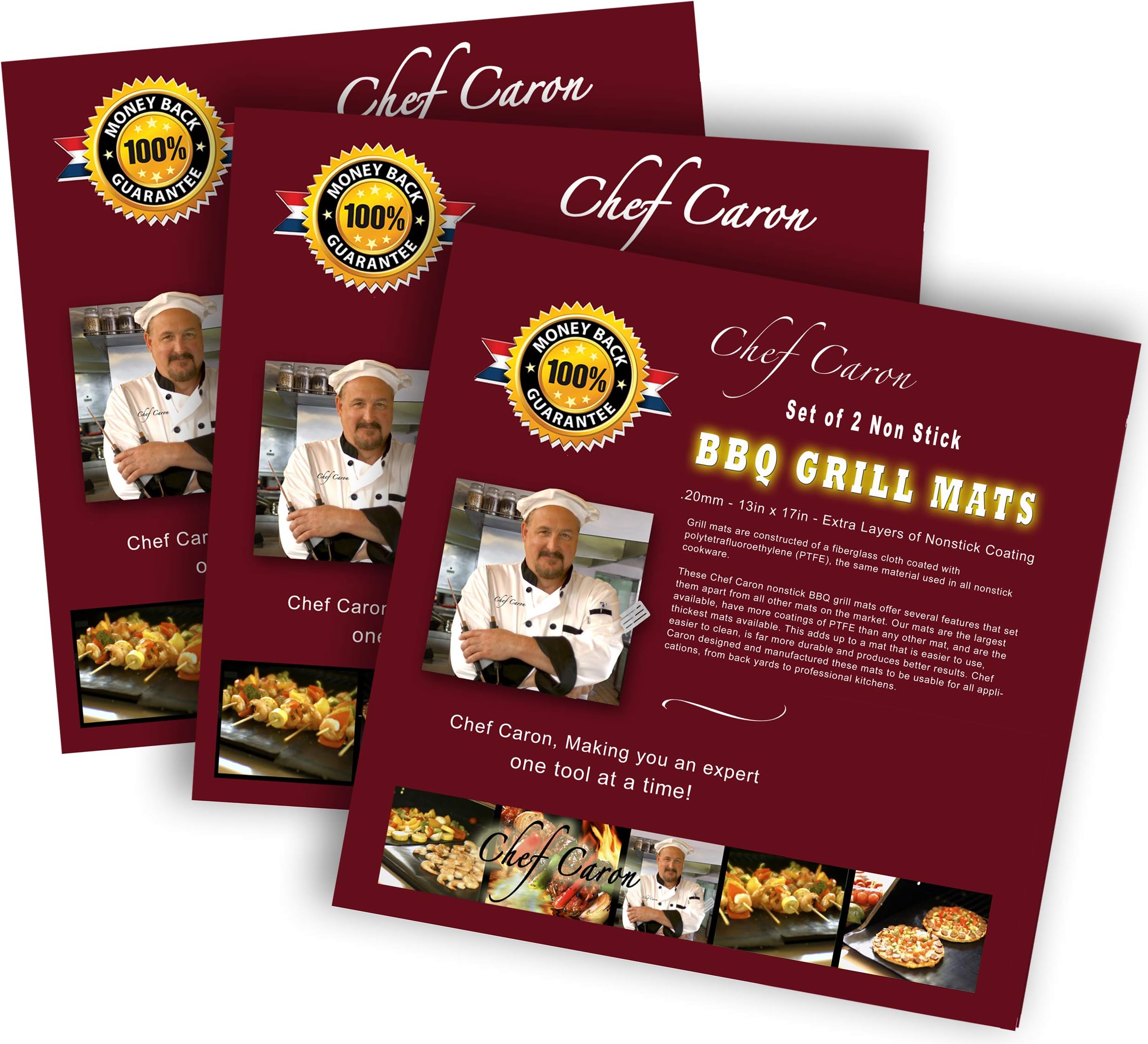 Chef Caron BBQ Grill Mat Triple Bundle, Designed for the Professional 17" x 13" - 3 Sets - each with 2 Nonstick, Ultra-slick, Extra Thick .25mm