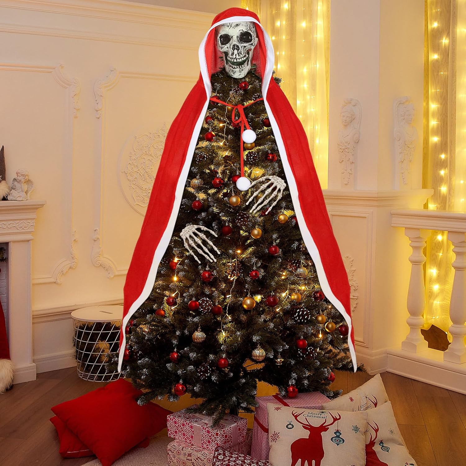 Cozypower Christmas Tree Topper Gothic Christmas Decorative Skull Hands Red Cloak Decorative Tree Ornaments Christmas Holiday Indoor Decor for Xmas Tree Topper Home Decorations Party Supplies
