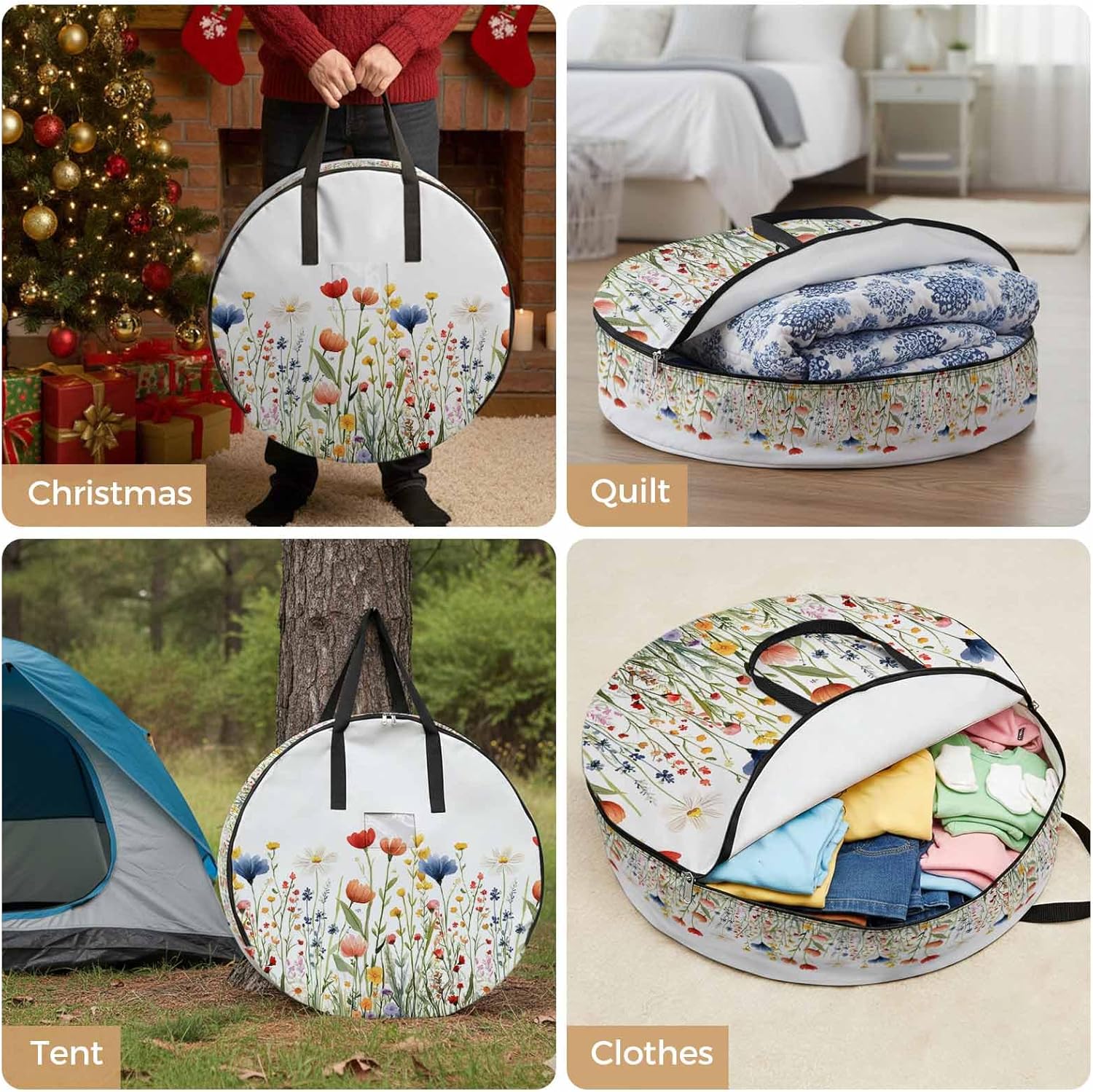Wildflower Floral Round Storage Bag 36 Inch, Watercolor Spring Flowers Leaves Rustic Clothes Storage Container with Handles Heavy Duty Organizer for Comforter, Bedding & Holiday Wreaths
