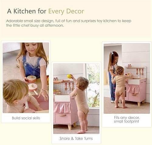 Miniatura 6 de Cocina de juego de madera rosa con características realistas y accesorios, juguete de cocina de simulación para niños mayores de 3 años, regalo