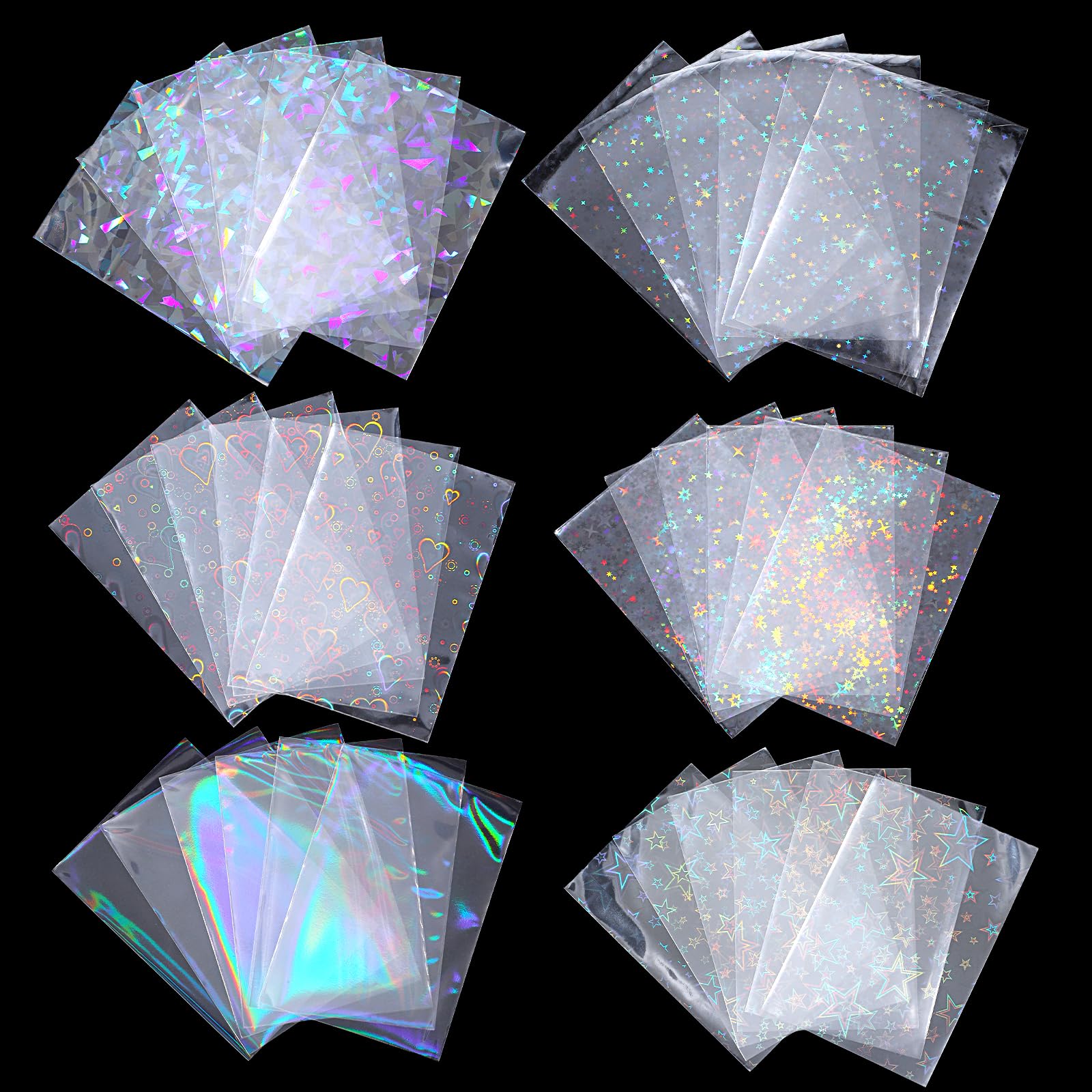 Hadnves 300 Pcs Laser Flashing Photocard Sleeves Rainbow Holographic Trading Card Protector Waterproof Transparent Star Heart Photo Card Protective Cover for Photocard
