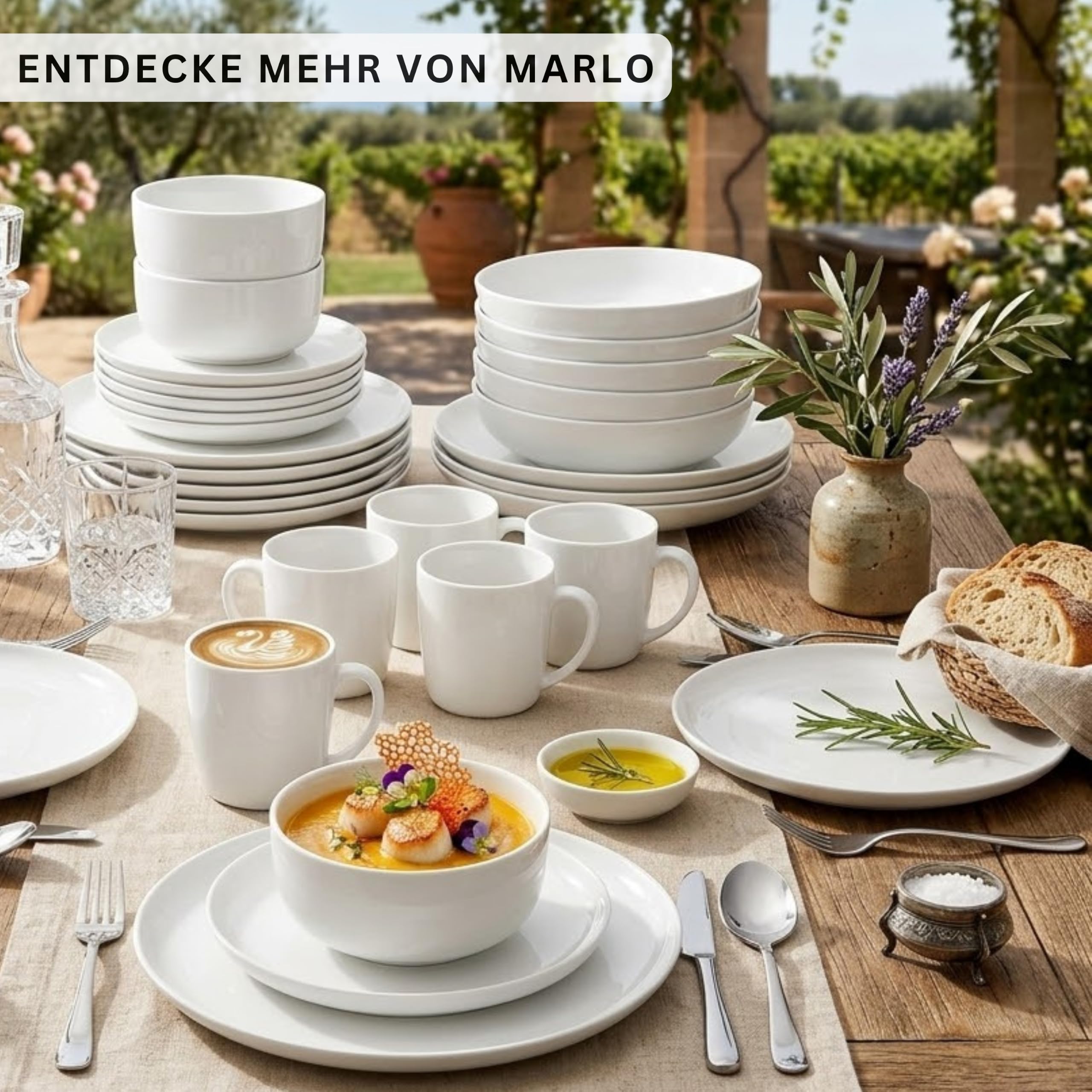 SÄNGER | Kombiservice Marlo Weiß, 30-teiliges Geschirrset für 6 Personen mit Speise-, Dessertteller, Schalen, Müslischalen und Kaffeebechern aus Porzellan, moderne Form |PREMIUM COLLECTION