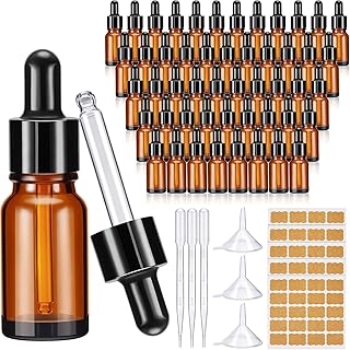 100 Pack Essential Oil Dropper Bottle Glass Dropper Bottles with Eye Dropper Dispenser Dropping Bottle with 5 Funnels 5 Pipettes 3ml 100 Labels for Essential Oil Perfume (Amber,10 ml, 1/3 oz)