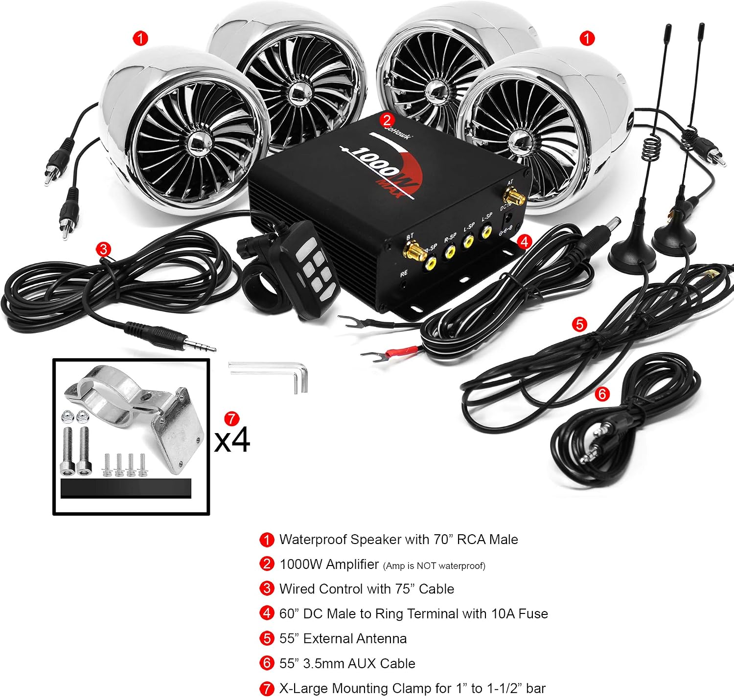 GoHawk TJ4-Q 1000W 4 Channel Amplifier 4" Full Range Waterproof Bluetooth Motorcycle Stereo Speakers Audio System AUX USB SD Radio for 1-1.5" Handlebar Harley Touring Cruiser ATV