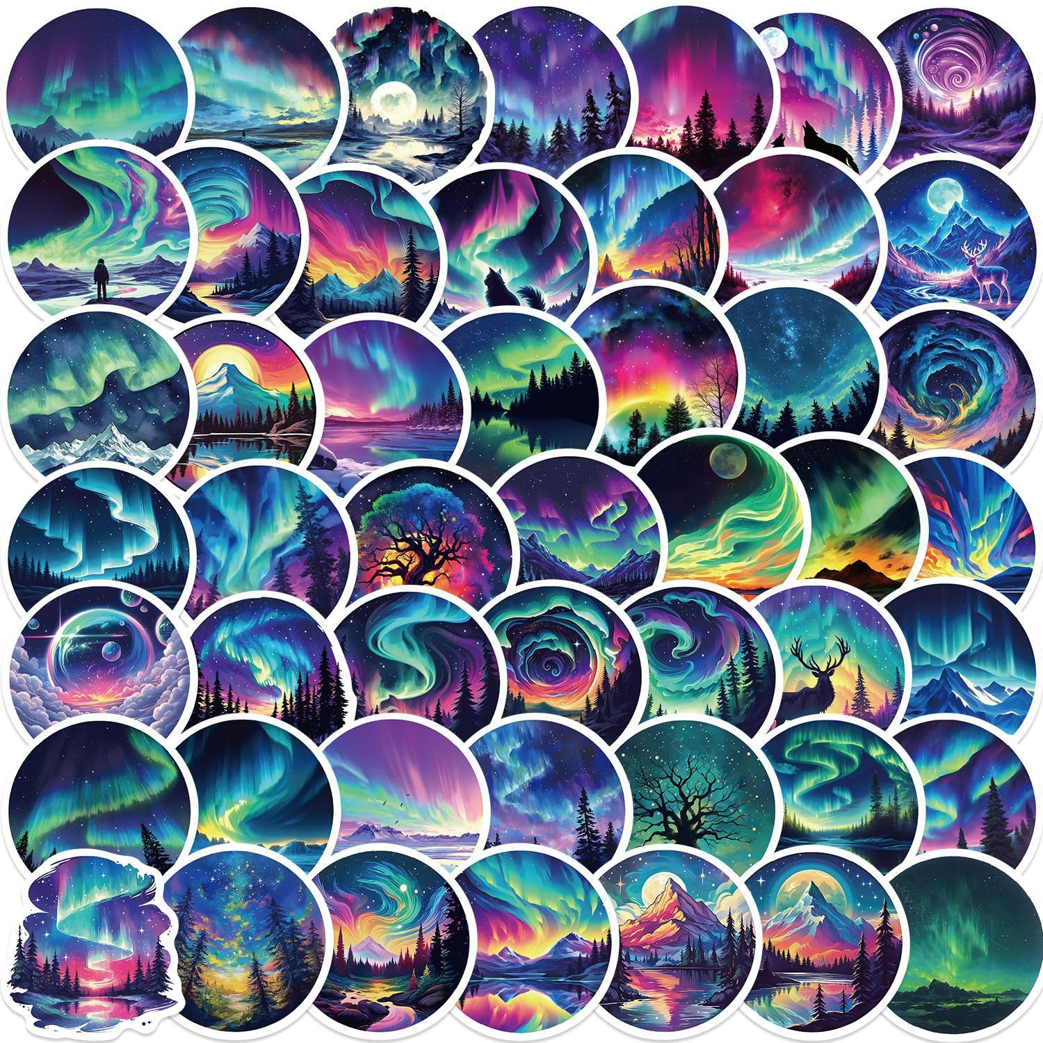 50 Pcs Northern Lights Stickers for Kids Teens Adults Boys Girls Gift,Northern Lights Stickers Pack for Laptop,Skateboard,Luggage,Car,Bike