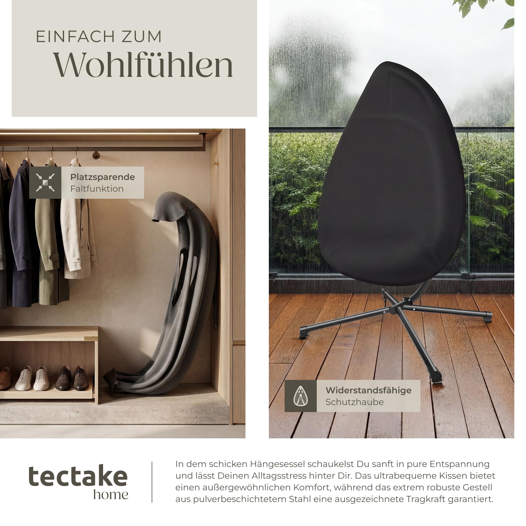 tectake® Hängesessel mit Gestell, Indoor oder Outdoor, Schaukel Sessel mit Kissen + Rückenkissen, Schaukelstuhl, Hängestuhl. Möbel für Wohnzimmer, Schlafzimmer, Balkonmöbel, bis 160kg (anthrazit)