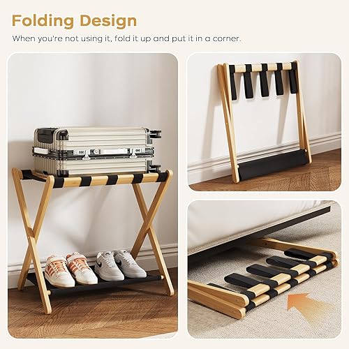 Miniatura 5 de Bastidores de equipaje totalmente montados, paquete de 2, soporte plegable de bambú para habitación de invitados, 5 correas de nailon, soporte para