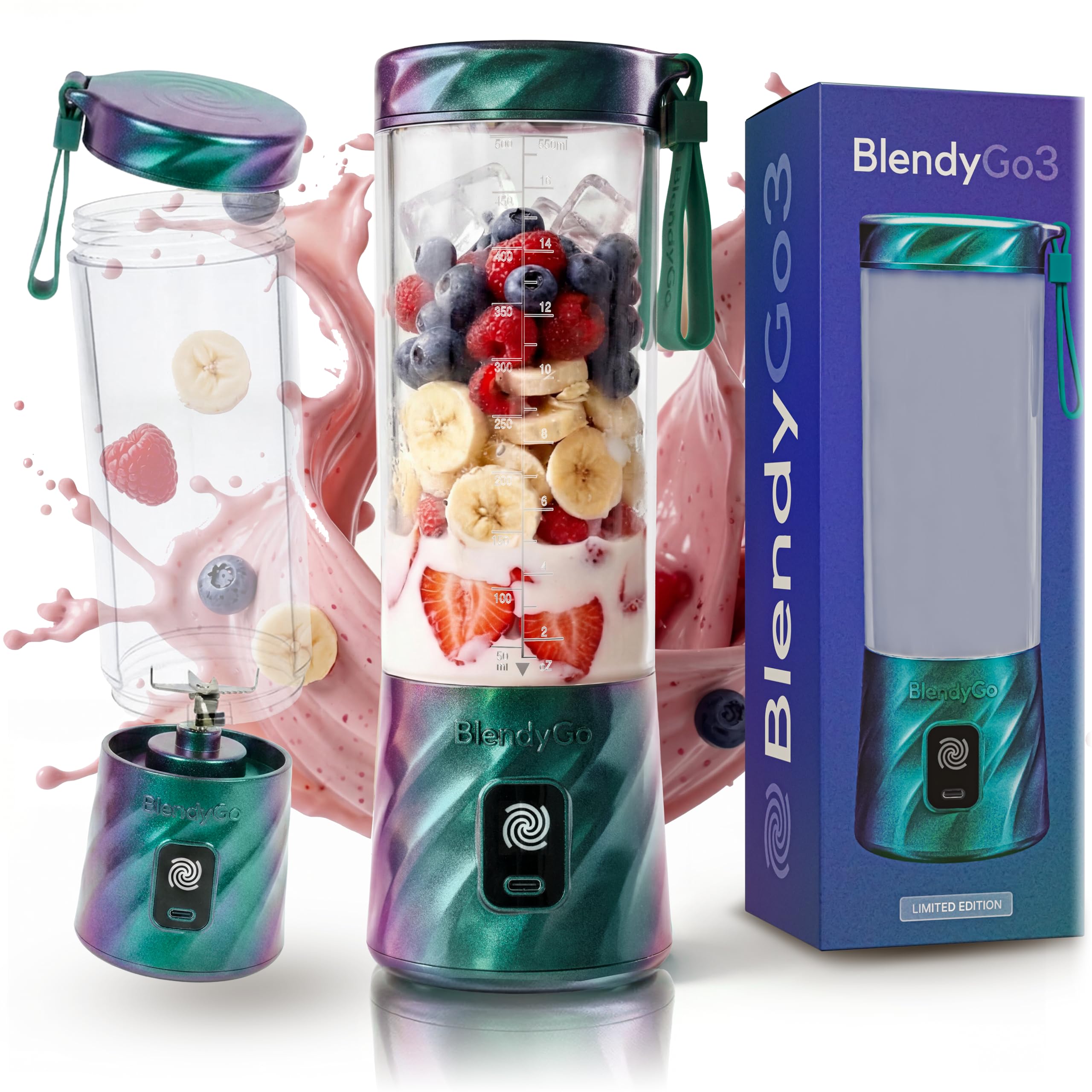 Batidora BlendyGo 3, batidora de vaso portátil, blender recargable por USB, ideal para smoothies, batidos y batidos de proteínas, mexzclador portátil potente, 500 ml (Lavanda) — view 40