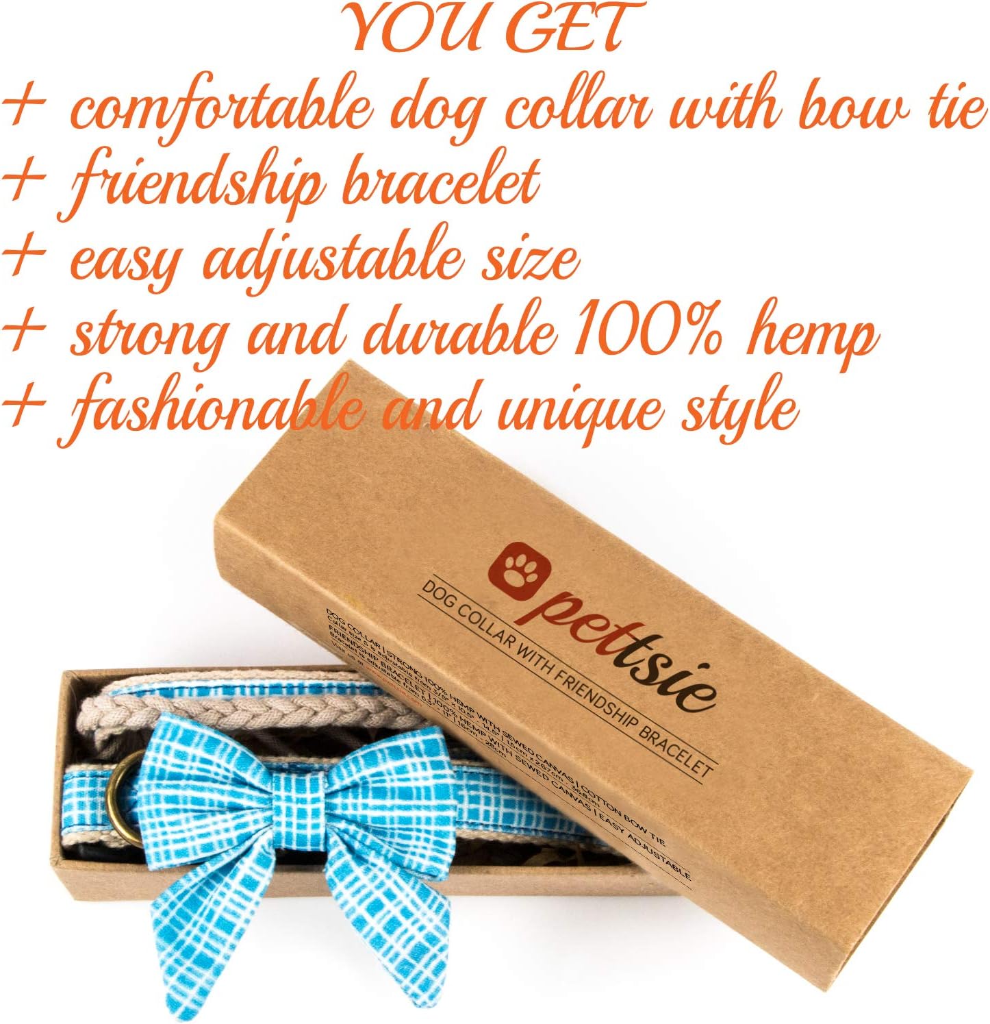 Pettsie Dog Bow Tie Collar with Matching Friendship Bracelet – Adjustable, Durable Hemp & Soft Cotton, Stylish & Comfortable for Sensitive Skin, Elegant Gift Box, Small, Blue
