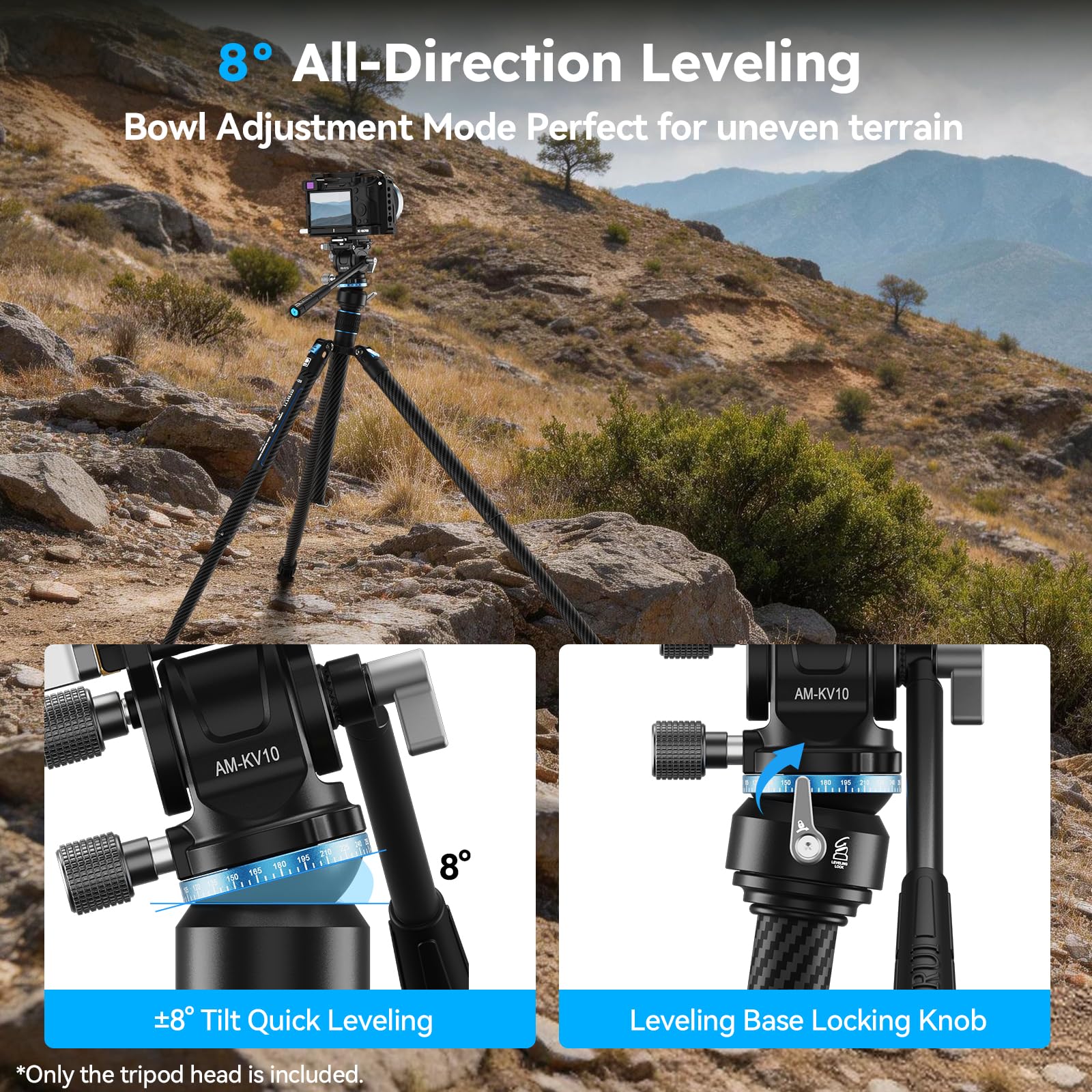 SIRUI Testa fluida per treppiedi con base di livellamento a 8°, AM-KV10 | Testa in metallo con attacco rapido a inserimento laterale, testa per treppiede video per fotocamere DSLR, carico massimo 5kg