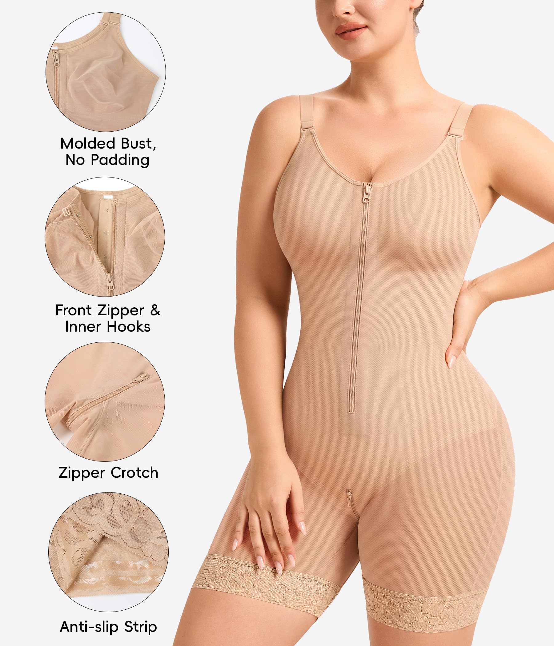 Fajas Colombiane Bodysuit Modellante Donna con Cremallera Compressione Forte Controllo Pancia, Body metà coscia con reggiseno integrato e ganci, senza cuciture per uso quotidiano e recupero posparto