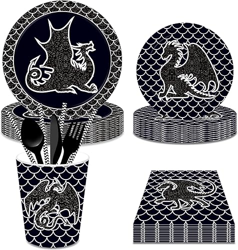 Miniatura 1 de CC HOME Paquete de suministros de fiesta temática de dragón negro, decoraciones de fiesta de dragón negro, paquete de 16 unidades, incluye platos de
