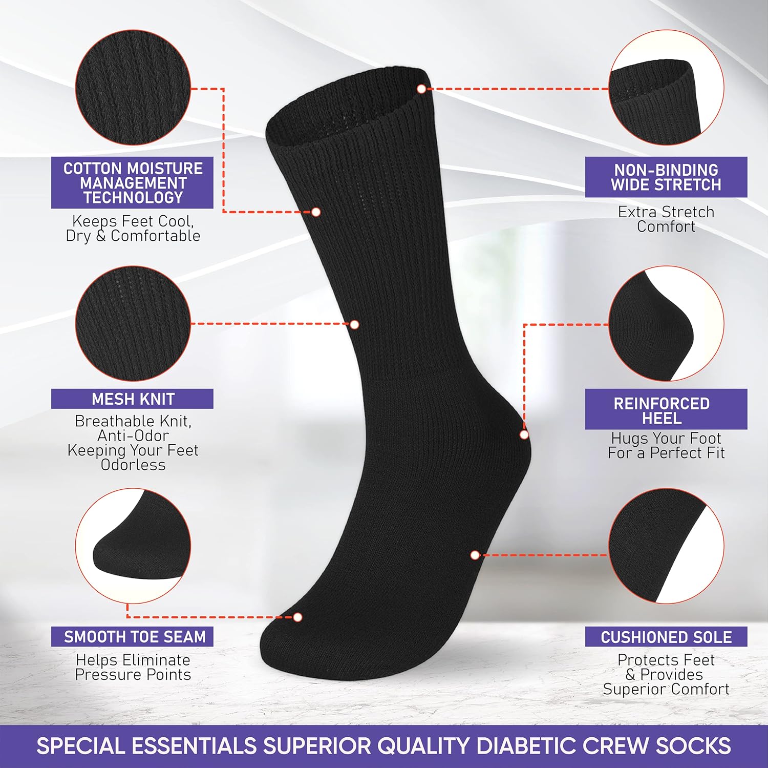 Special Essentials 12 Pairs Men's Cotton Diabetic Crew Socks White 13-15 : Health & Household