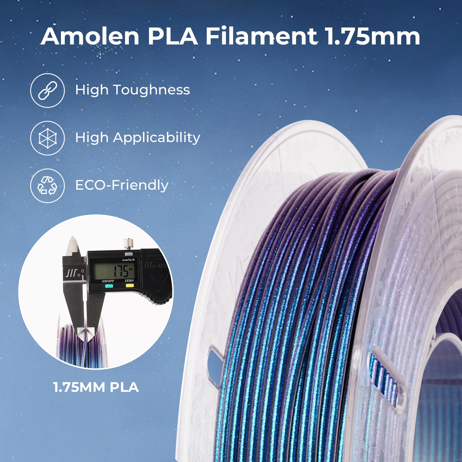 AMOLEN Filamento PLA para impresora 3D, filamento de impresión PLA serie cielo estrellado Pla de 1.75 mm, cielo estrellado morado oscuro/verde/azul/rojo morado, paquete de 4 x 200 g